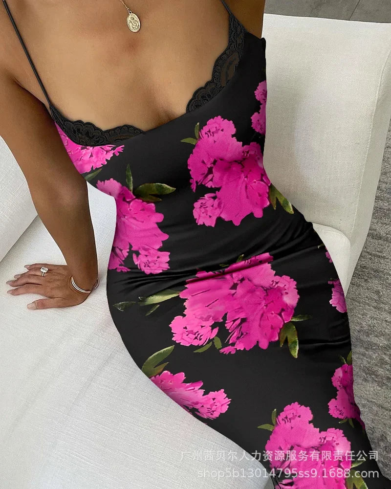 Print Sleeveless Sling Dress Women Party Night Prom Long Dresses Slim Fit Lace Spliced Streetwear Elegant Sexy Vestidos