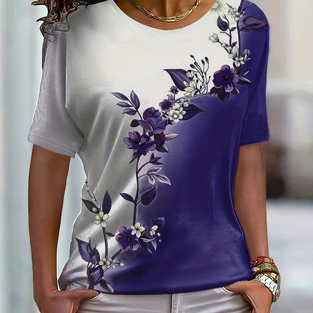 2024 New Women's Color Block T-shirt Summer Fashion Short sleeved Top Flower Print Loose Clothing Women's Party T-shirt
