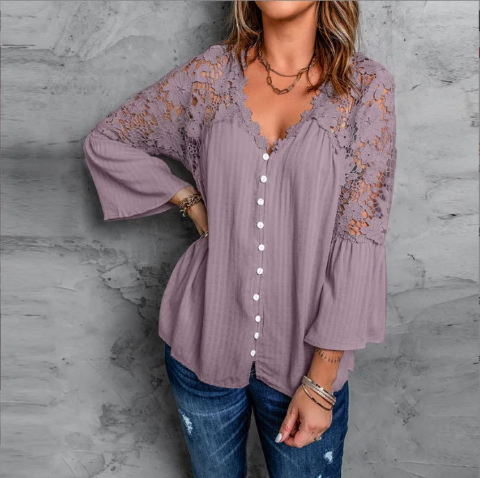 Shirts Women Casual Blouse Lace Hollow Out Flare Sleeve Single Breasted Female Spring 2025 Office Lady Sexy Overshirt Tops