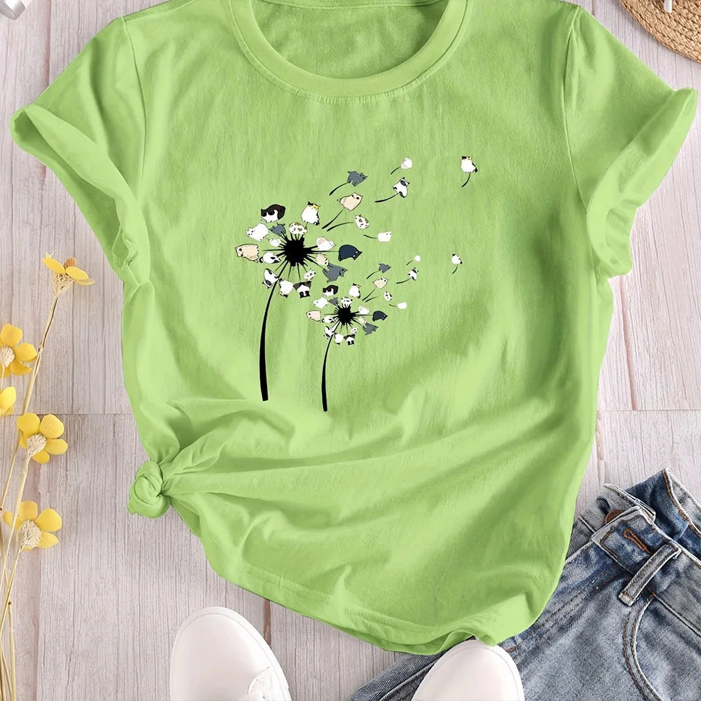 2024 New Women's Color Block T-shirt Summer Fashion Short sleeved Top Flower Print Loose Clothing Women's Party T-shirt
