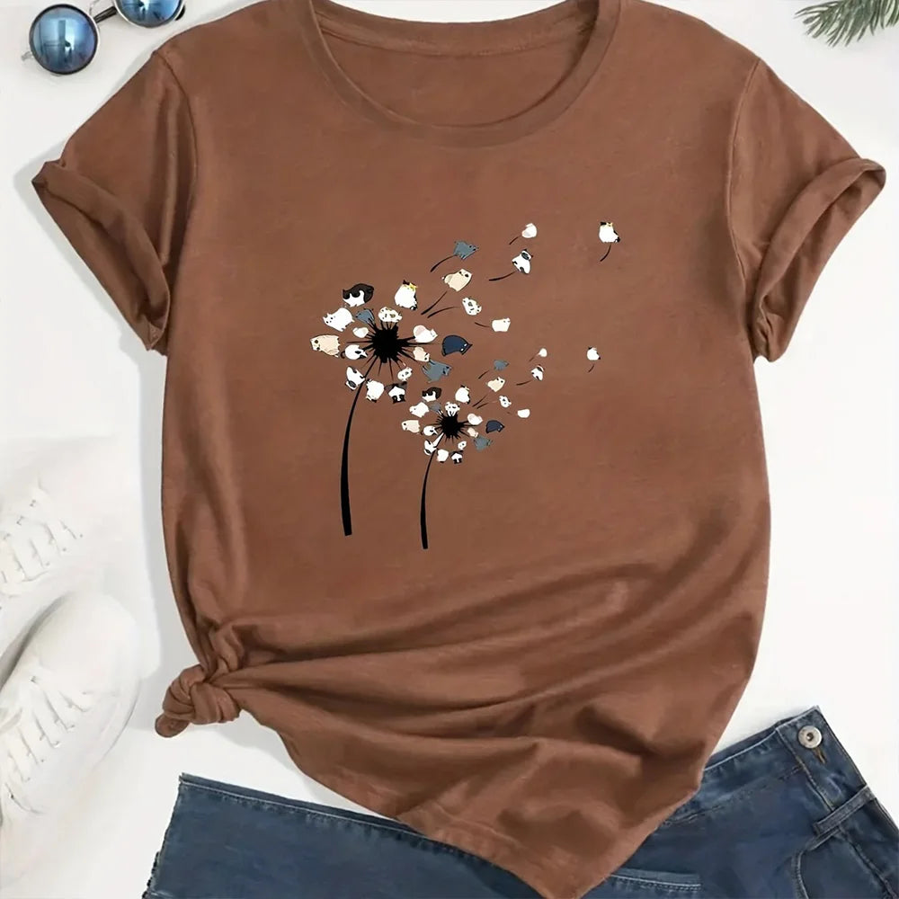 2024 New Women's Color Block T-shirt Summer Fashion Short sleeved Top Flower Print Loose Clothing Women's Party T-shirt