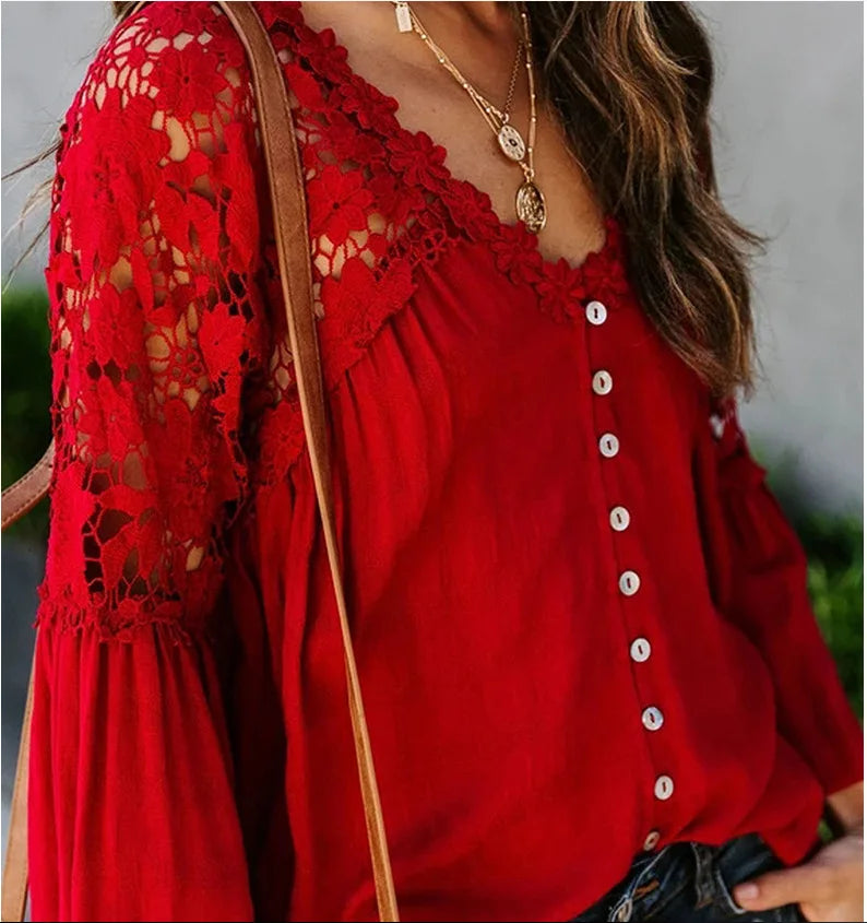 Shirts Women Casual Blouse Lace Hollow Out Flare Sleeve Single Breasted Female Spring 2025 Office Lady Sexy Overshirt Tops