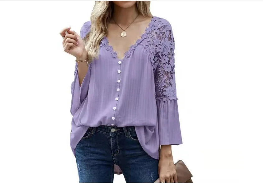 Shirts Women Casual Blouse Lace Hollow Out Flare Sleeve Single Breasted Female Spring 2025 Office Lady Sexy Overshirt Tops