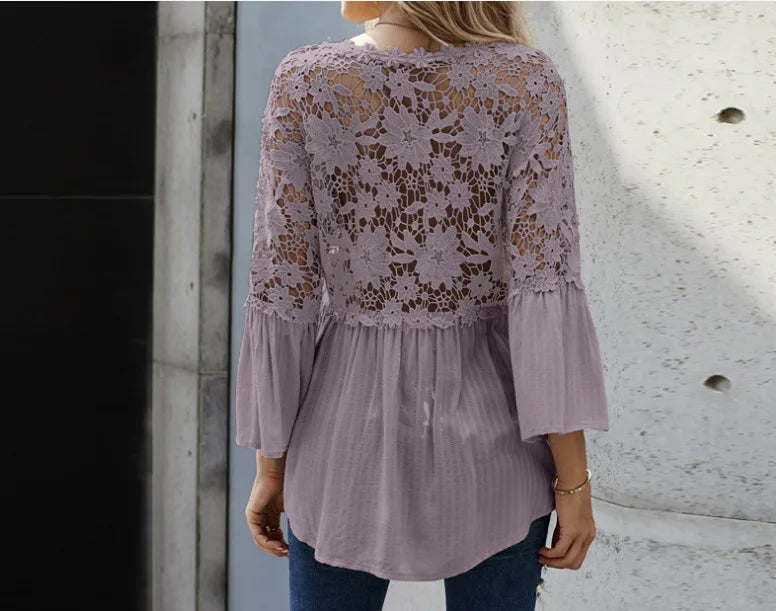 Shirts Women Casual Blouse Lace Hollow Out Flare Sleeve Single Breasted Female Spring 2025 Office Lady Sexy Overshirt Tops