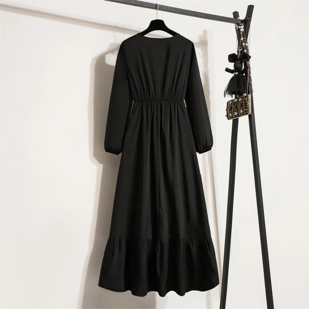 Women Eid Muslim Abaya Dubai Ruffles Spliced Arab Puff Sleeve Morocco Tight Waist Vestidos Solid Color Dress Casual Slim Fit