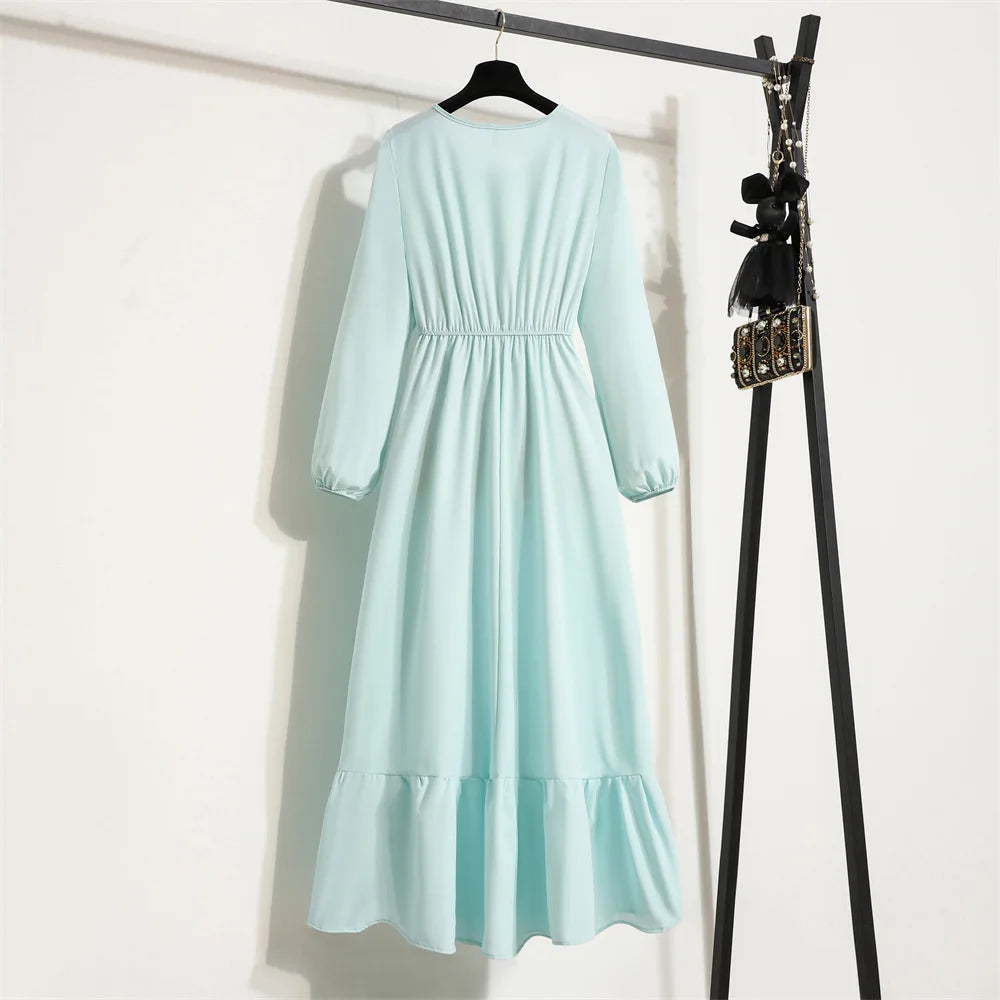 Women Eid Muslim Abaya Dubai Ruffles Spliced Arab Puff Sleeve Morocco Tight Waist Vestidos Solid Color Dress Casual Slim Fit