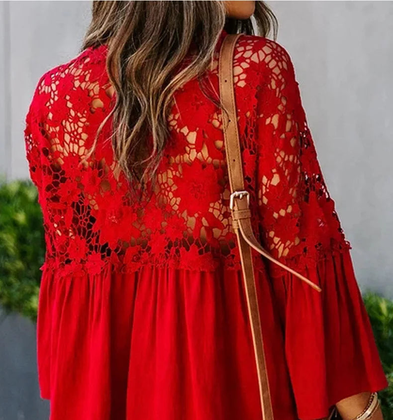 Shirts Women Casual Blouse Lace Hollow Out Flare Sleeve Single Breasted Female Spring 2025 Office Lady Sexy Overshirt Tops