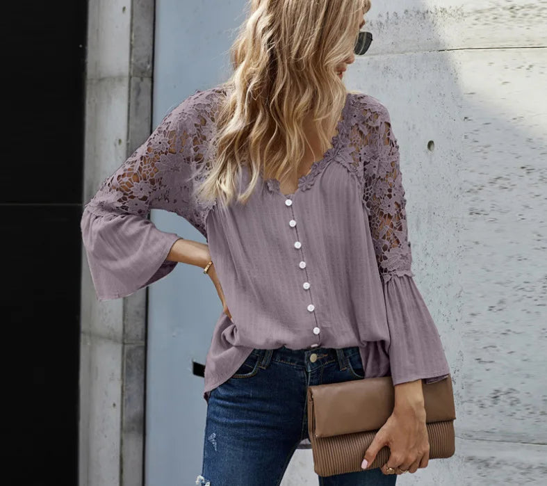 Shirts Women Casual Blouse Lace Hollow Out Flare Sleeve Single Breasted Female Spring 2025 Office Lady Sexy Overshirt Tops
