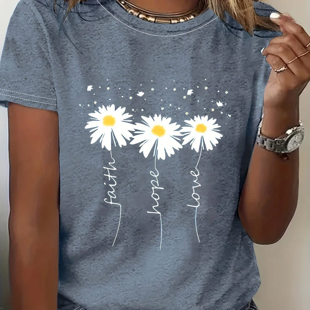 2024 New Women's Color Block T-shirt Summer Fashion Short sleeved Top Flower Print Loose Clothing Women's Party T-shirt