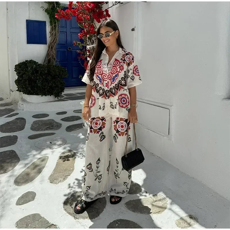Women Casual Straight Wide Legs Pants Set Loose Lapel Half Sleeve Single-breasted Contrast Pocket Shirt Suits Lady Office Outfit