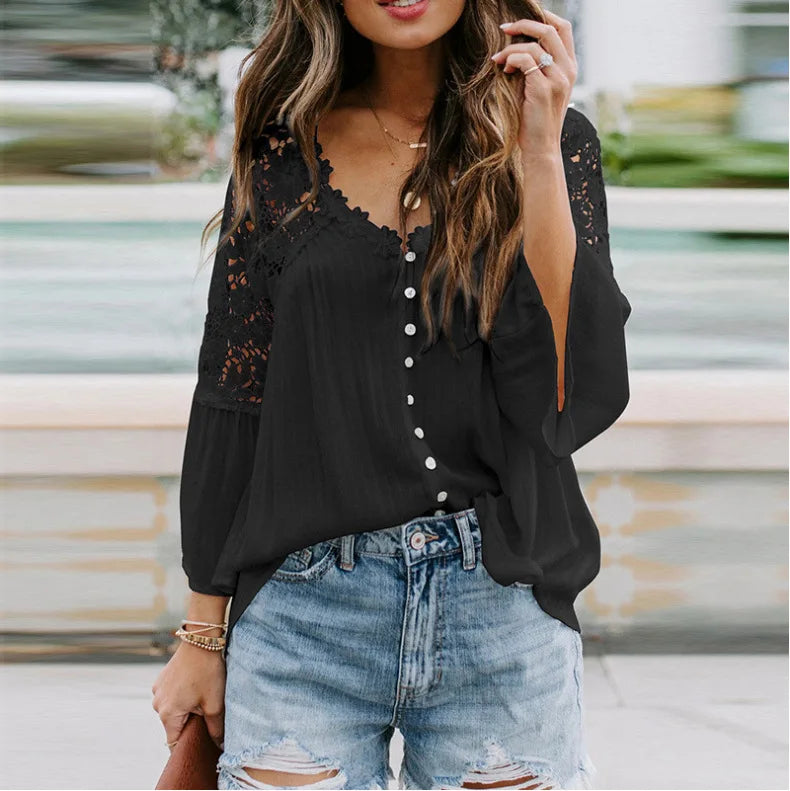 Shirts Women Casual Blouse Lace Hollow Out Flare Sleeve Single Breasted Female Spring 2025 Office Lady Sexy Overshirt Tops
