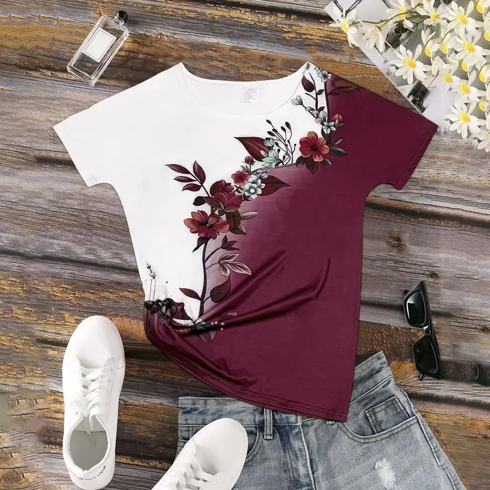 2024 New Women's Color Block T-shirt Summer Fashion Short sleeved Top Flower Print Loose Clothing Women's Party T-shirt