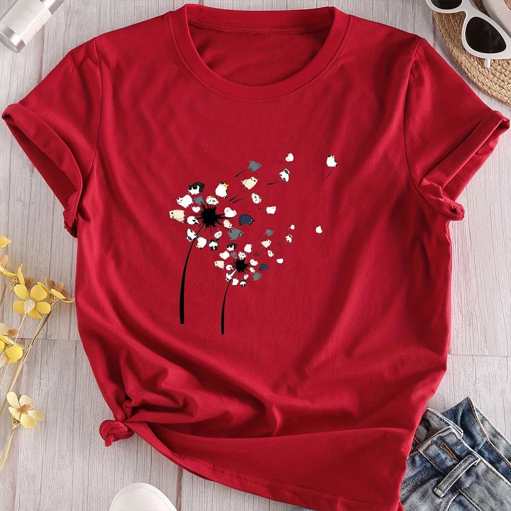 2024 New Women's Color Block T-shirt Summer Fashion Short sleeved Top Flower Print Loose Clothing Women's Party T-shirt