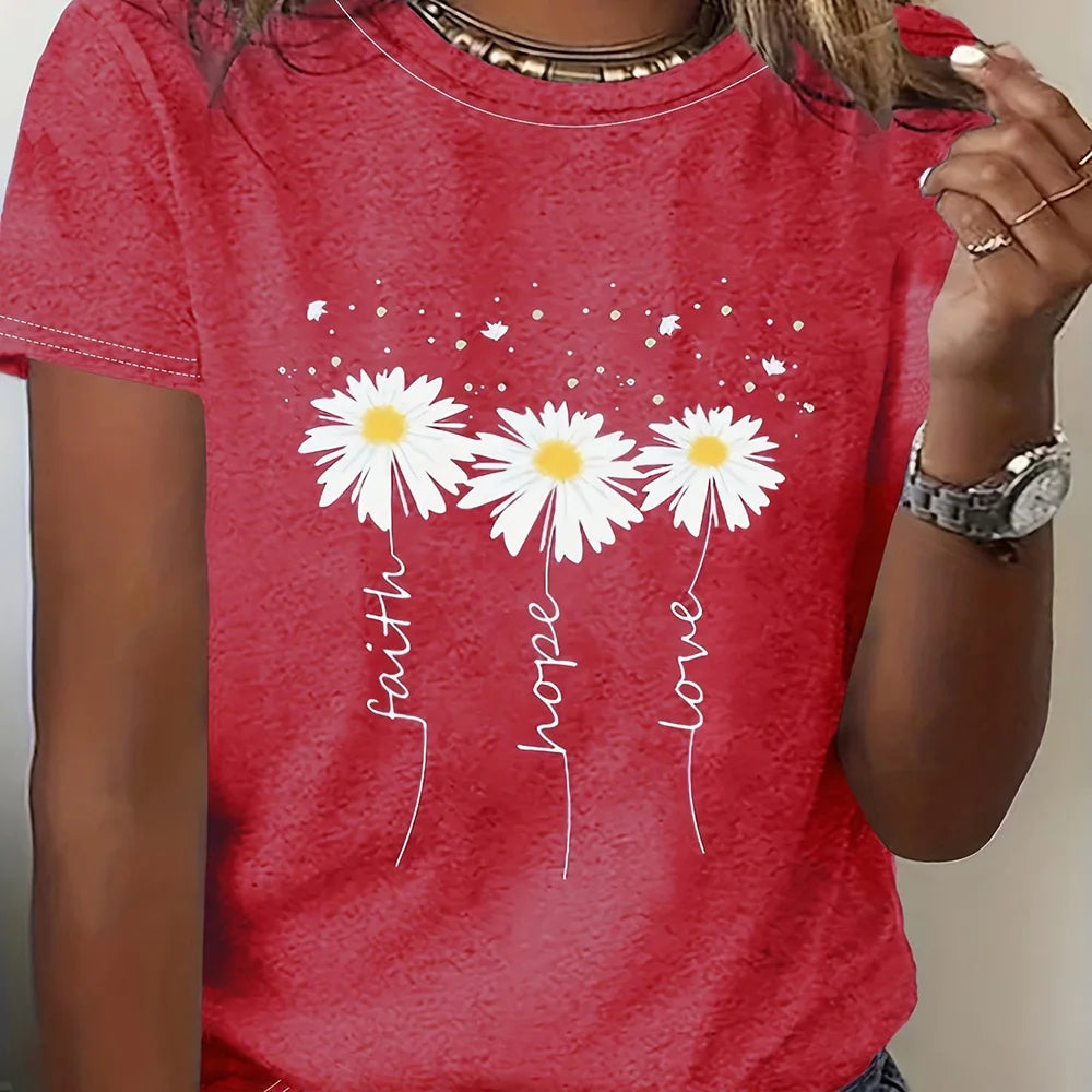 2024 New Women's Color Block T-shirt Summer Fashion Short sleeved Top Flower Print Loose Clothing Women's Party T-shirt