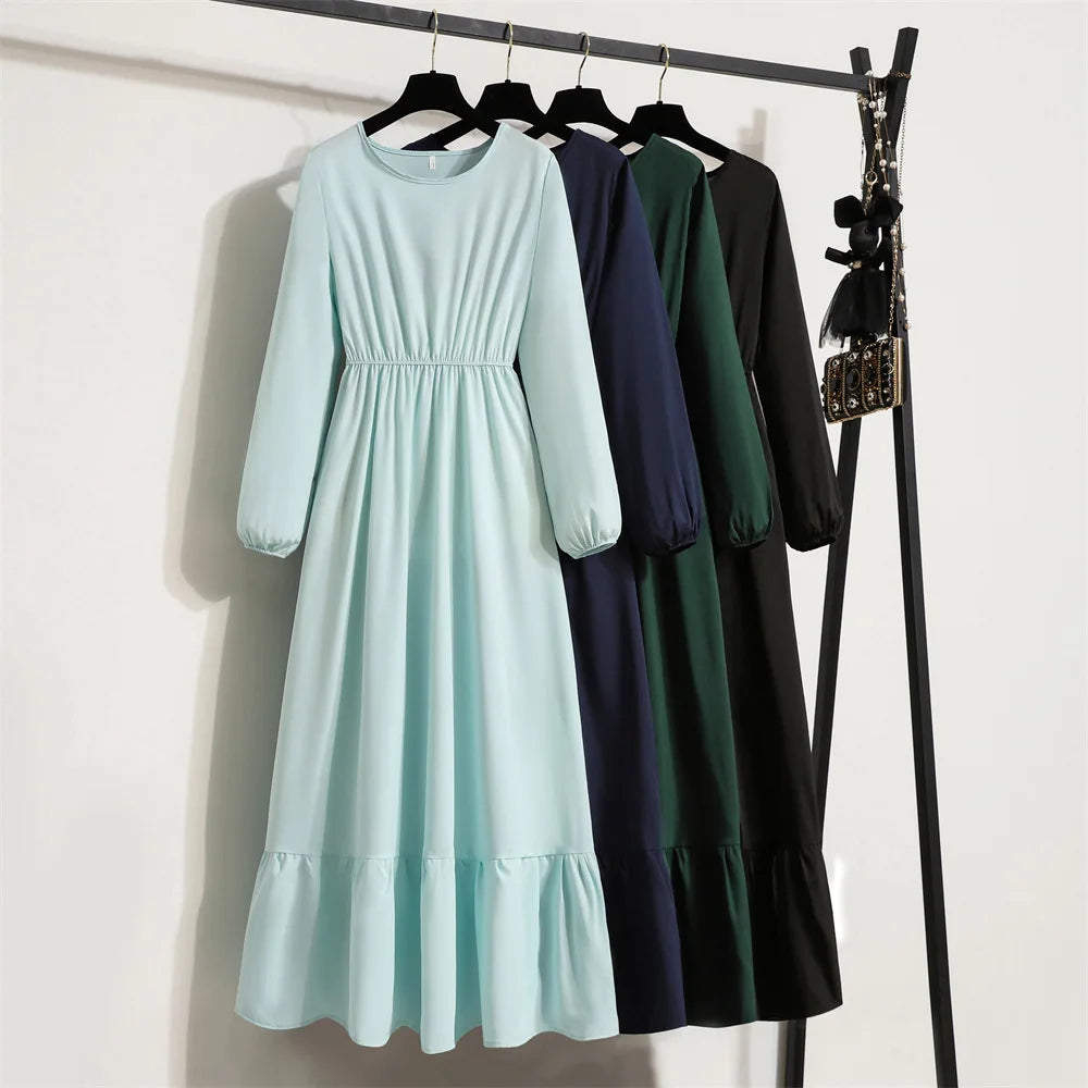 Women Eid Muslim Abaya Dubai Ruffles Spliced Arab Puff Sleeve Morocco Tight Waist Vestidos Solid Color Dress Casual Slim Fit