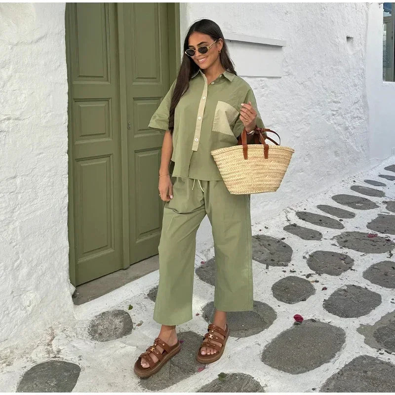 Women Casual Straight Wide Legs Pants Set Loose Lapel Half Sleeve Single-breasted Contrast Pocket Shirt Suits Lady Office Outfit
