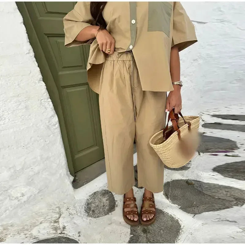 Women Casual Straight Wide Legs Pants Set Loose Lapel Half Sleeve Single-breasted Contrast Pocket Shirt Suits Lady Office Outfit