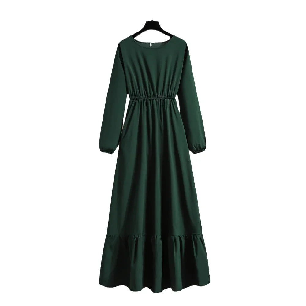 Women Eid Muslim Abaya Dubai Ruffles Spliced Arab Puff Sleeve Morocco Tight Waist Vestidos Solid Color Dress Casual Slim Fit