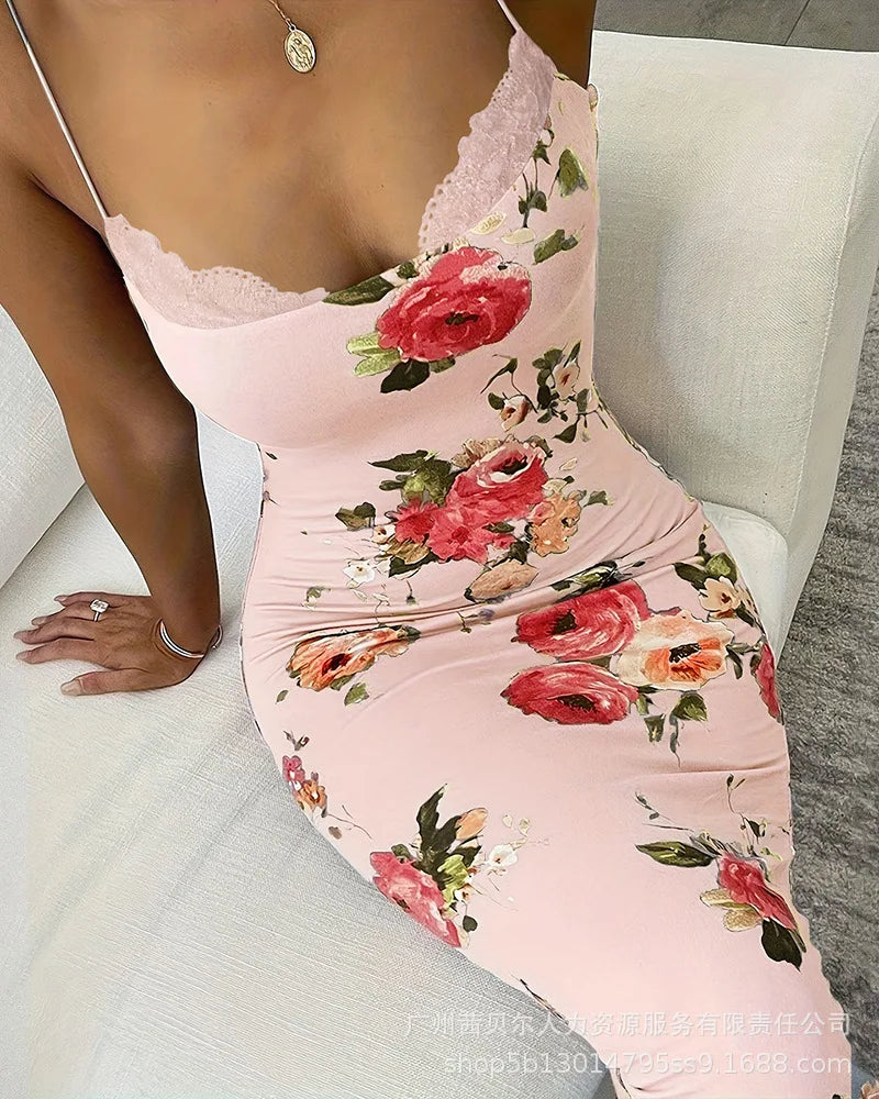 Print Sleeveless Sling Dress Women Party Night Prom Long Dresses Slim Fit Lace Spliced Streetwear Elegant Sexy Vestidos