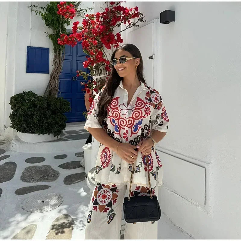 Women Casual Straight Wide Legs Pants Set Loose Lapel Half Sleeve Single-breasted Contrast Pocket Shirt Suits Lady Office Outfit