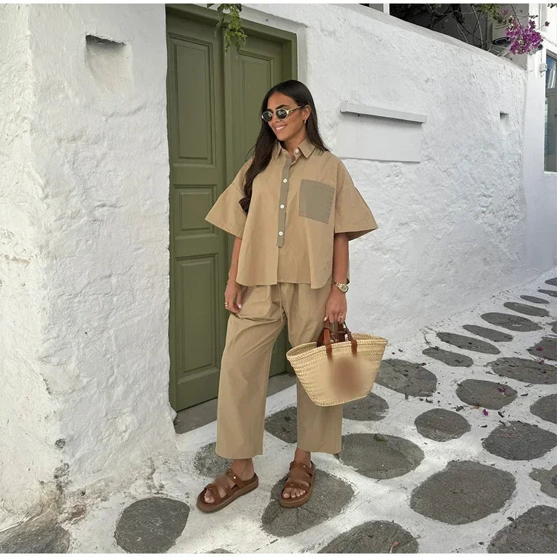 Women Casual Straight Wide Legs Pants Set Loose Lapel Half Sleeve Single-breasted Contrast Pocket Shirt Suits Lady Office Outfit
