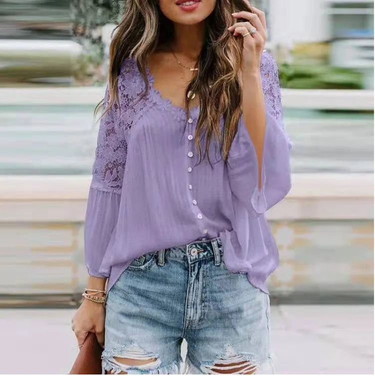 Shirts Women Casual Blouse Lace Hollow Out Flare Sleeve Single Breasted Female Spring 2025 Office Lady Sexy Overshirt Tops