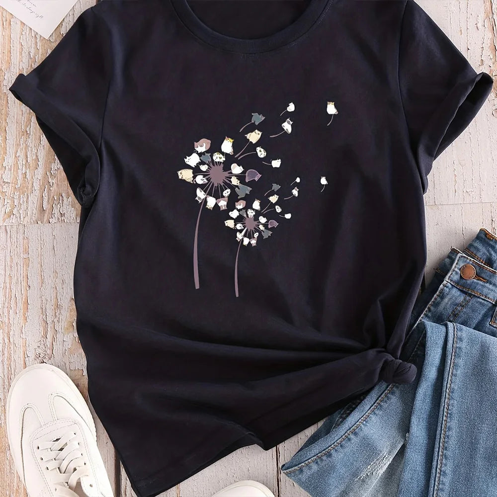 2024 New Women's Color Block T-shirt Summer Fashion Short sleeved Top Flower Print Loose Clothing Women's Party T-shirt