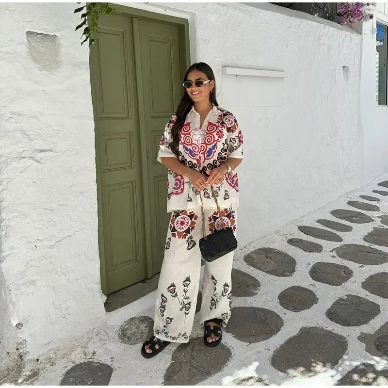 Women Casual Straight Wide Legs Pants Set Loose Lapel Half Sleeve Single-breasted Contrast Pocket Shirt Suits Lady Office Outfit