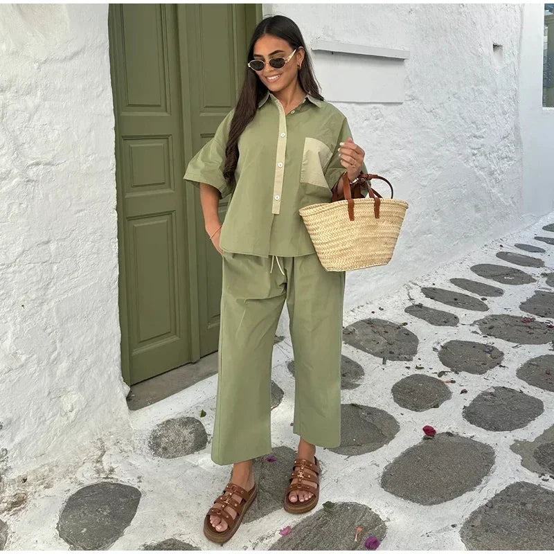 Women Casual Straight Wide Legs Pants Set Loose Lapel Half Sleeve Single-breasted Contrast Pocket Shirt Suits Lady Office Outfit