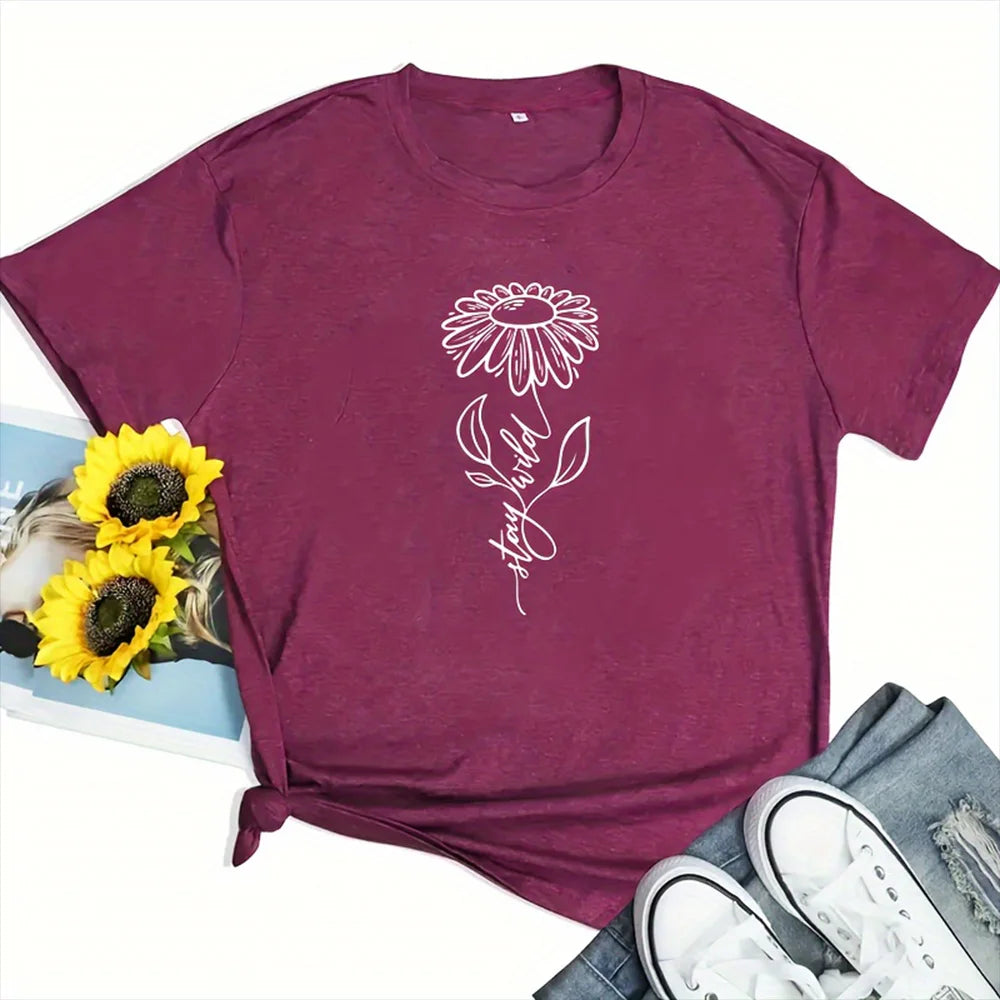 2024 New Women's Color Block T-shirt Summer Fashion Short sleeved Top Flower Print Loose Clothing Women's Party T-shirt