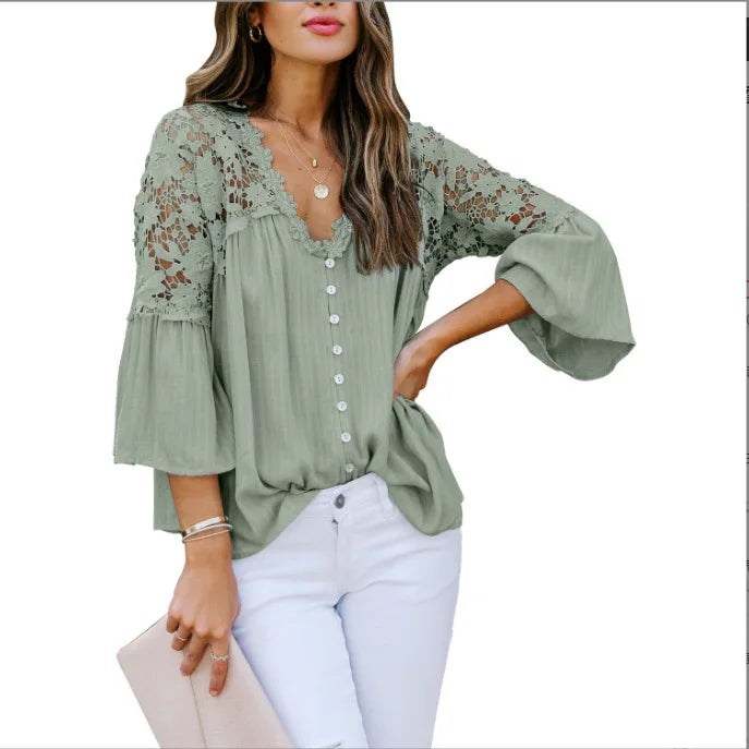 Shirts Women Casual Blouse Lace Hollow Out Flare Sleeve Single Breasted Female Spring 2025 Office Lady Sexy Overshirt Tops