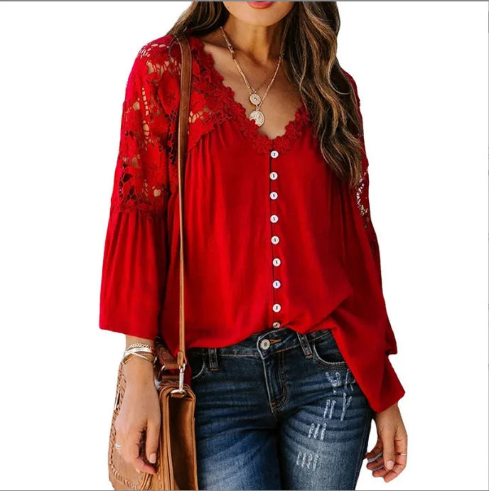 Shirts Women Casual Blouse Lace Hollow Out Flare Sleeve Single Breasted Female Spring 2025 Office Lady Sexy Overshirt Tops