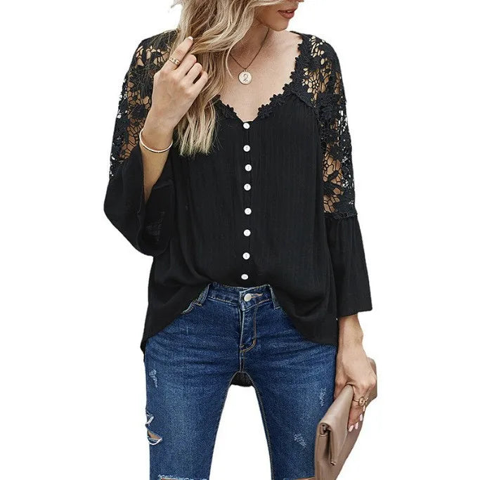 Shirts Women Casual Blouse Lace Hollow Out Flare Sleeve Single Breasted Female Spring 2025 Office Lady Sexy Overshirt Tops