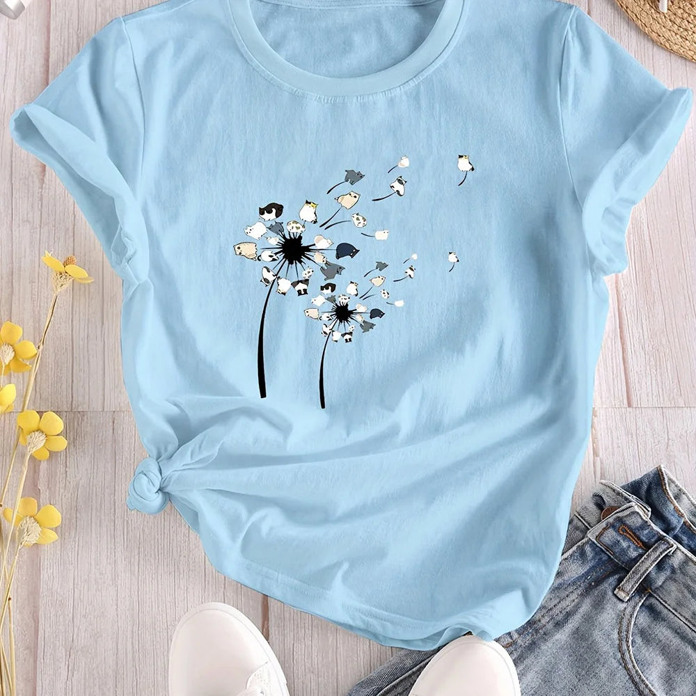 2024 New Women's Color Block T-shirt Summer Fashion Short sleeved Top Flower Print Loose Clothing Women's Party T-shirt