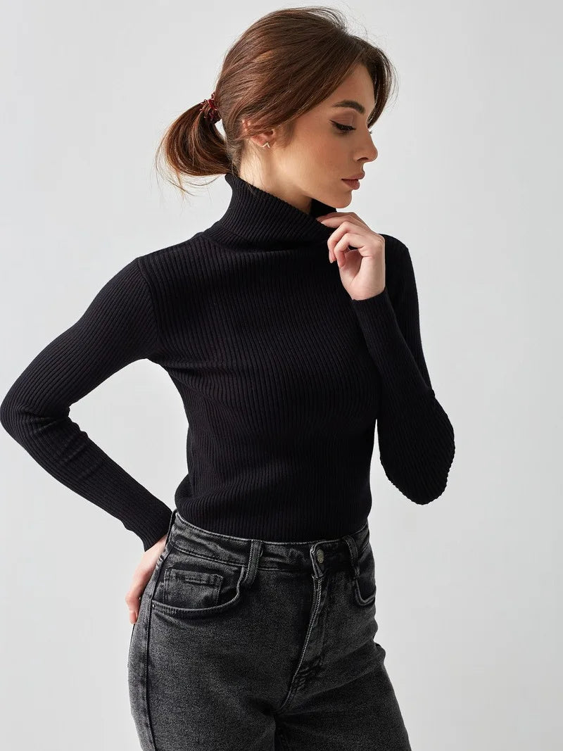 Women Sweater 2024 Autumn Knitted Pullovers Turtleneck Slim Knitting Bottoming Shirt Solid Color Knitwear Jumpers Basic Sweaters
