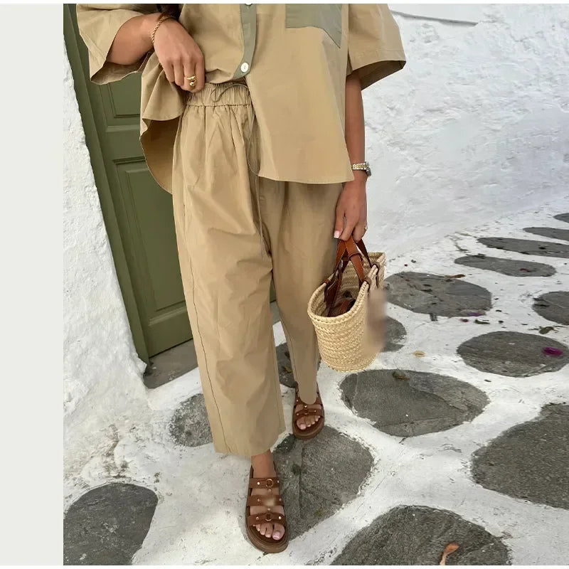 Women Casual Straight Wide Legs Pants Set Loose Lapel Half Sleeve Single-breasted Contrast Pocket Shirt Suits Lady Office Outfit