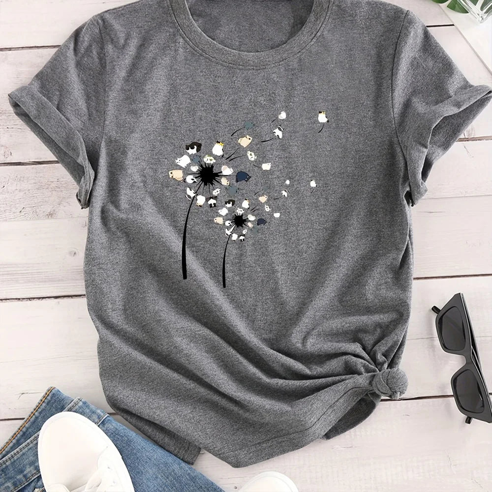 2024 New Women's Color Block T-shirt Summer Fashion Short sleeved Top Flower Print Loose Clothing Women's Party T-shirt