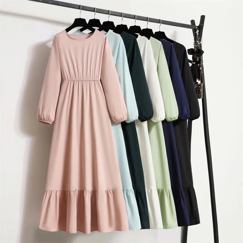Women Eid Muslim Abaya Dubai Ruffles Spliced Arab Puff Sleeve Morocco Tight Waist Vestidos Solid Color Dress Casual Slim Fit