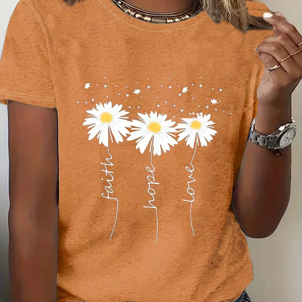 2024 New Women's Color Block T-shirt Summer Fashion Short sleeved Top Flower Print Loose Clothing Women's Party T-shirt
