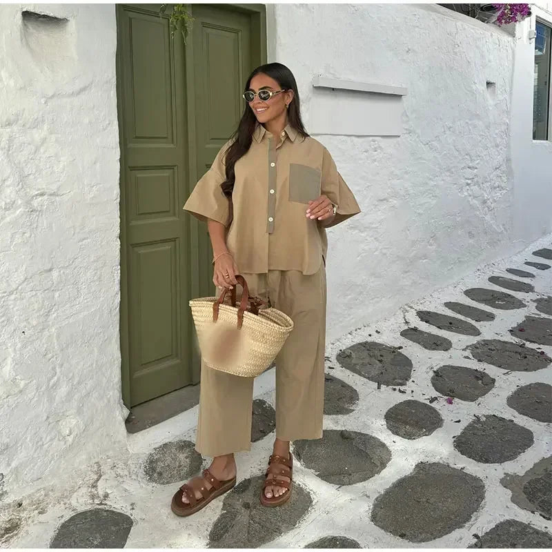Women Casual Straight Wide Legs Pants Set Loose Lapel Half Sleeve Single-breasted Contrast Pocket Shirt Suits Lady Office Outfit