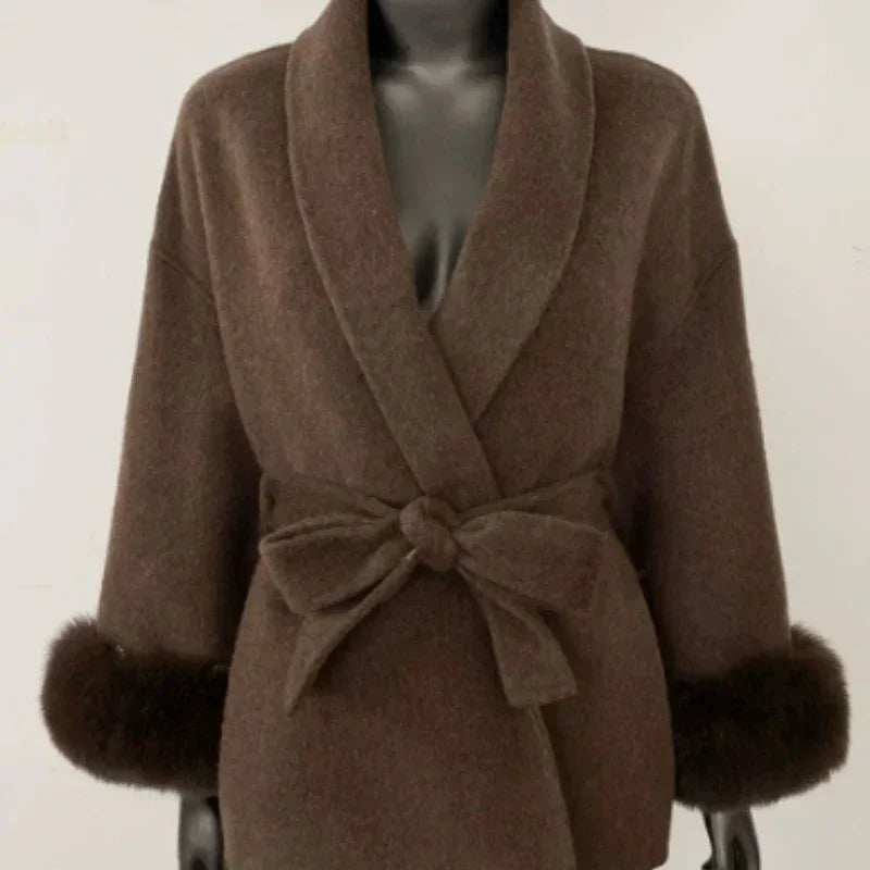 Hot sale high-end warmth comfortable and stylish double-sided straps for women  Not pure wool removable cuffs plush short jacket