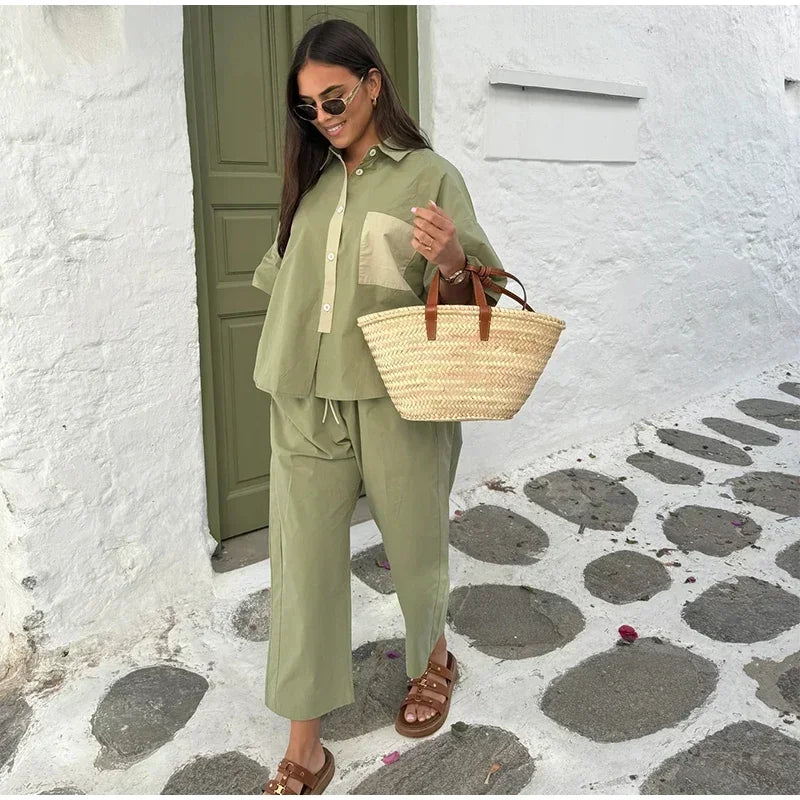 Women Casual Straight Wide Legs Pants Set Loose Lapel Half Sleeve Single-breasted Contrast Pocket Shirt Suits Lady Office Outfit