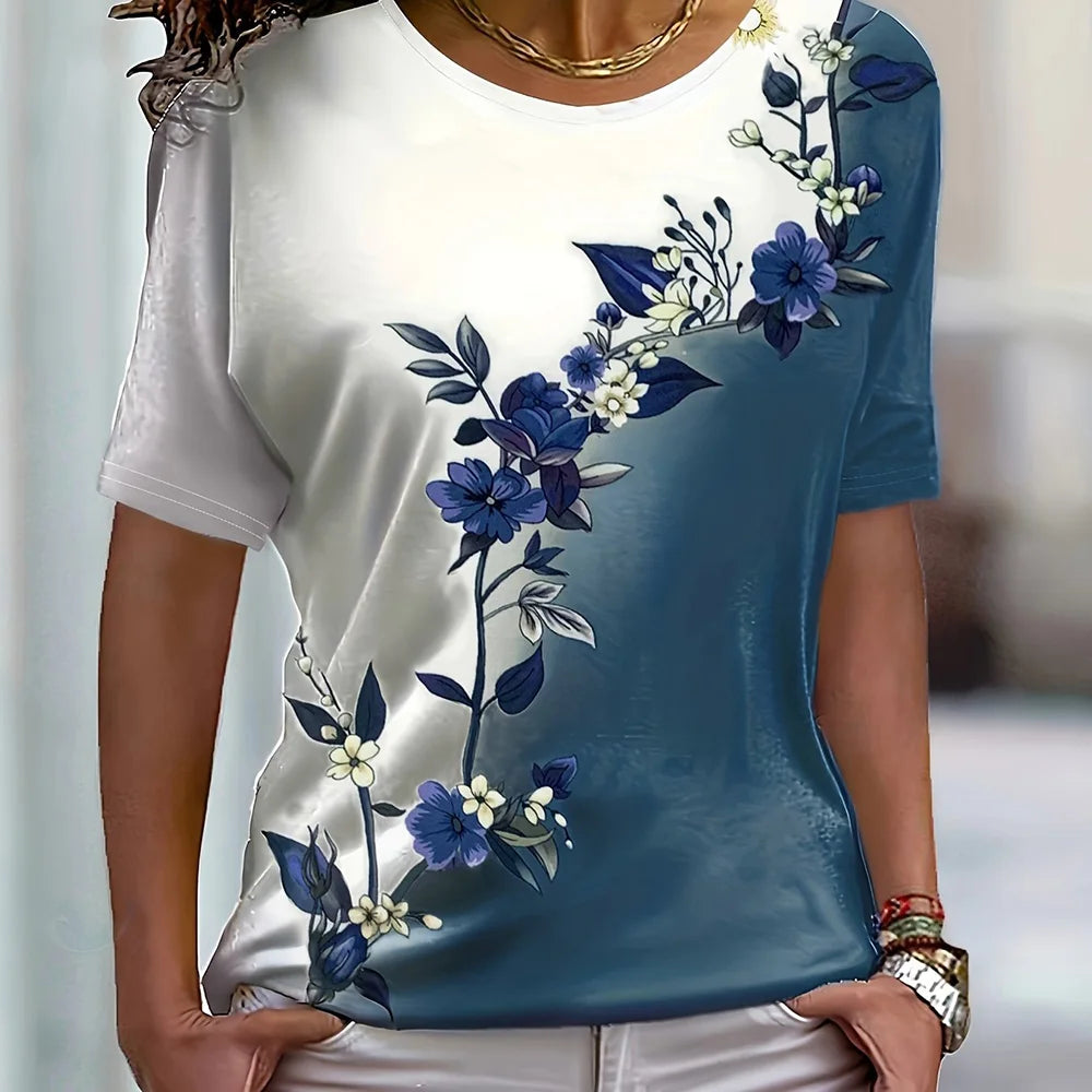 2024 New Women's Color Block T-shirt Summer Fashion Short sleeved Top Flower Print Loose Clothing Women's Party T-shirt