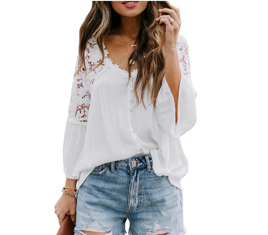 Shirts Women Casual Blouse Lace Hollow Out Flare Sleeve Single Breasted Female Spring 2025 Office Lady Sexy Overshirt Tops