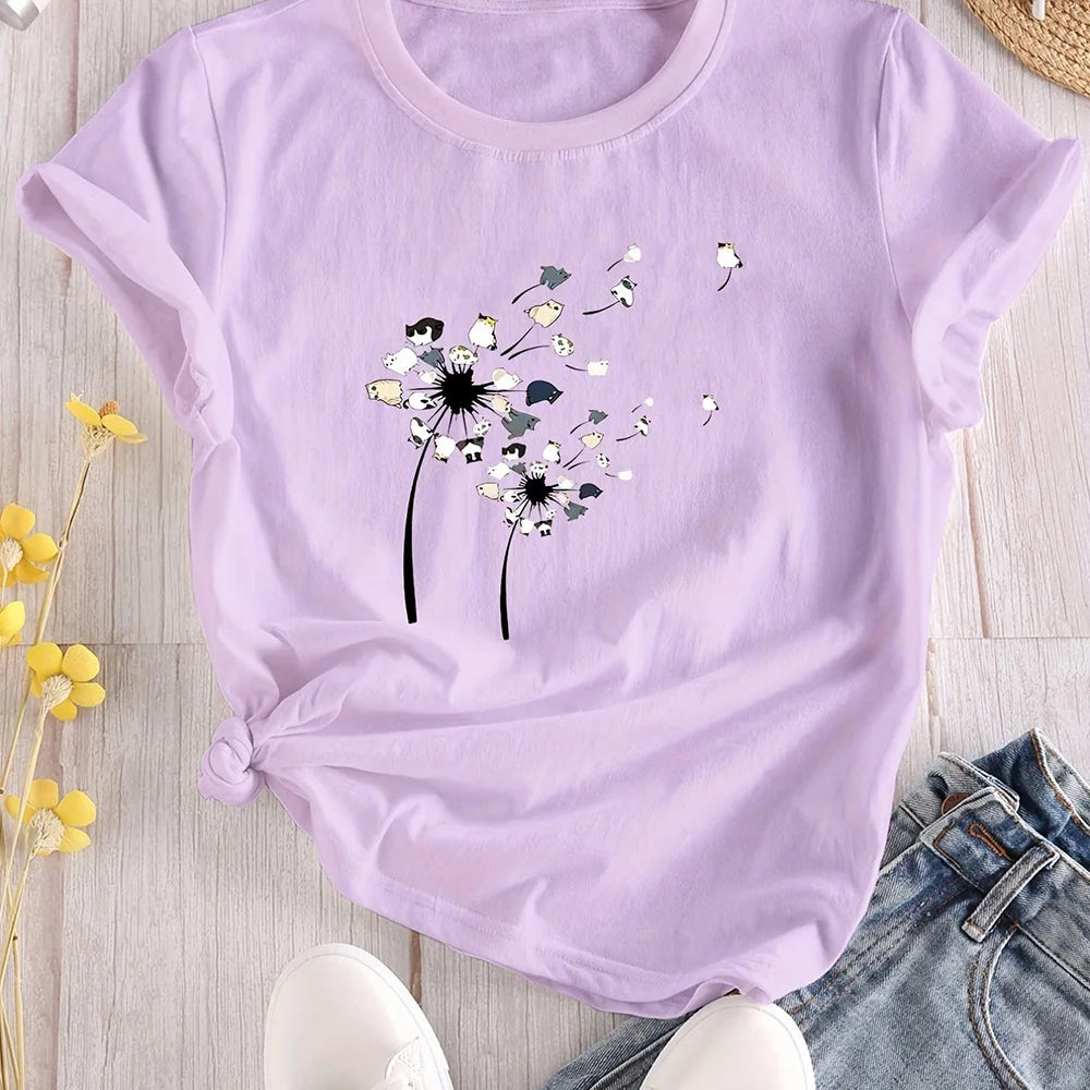 2024 New Women's Color Block T-shirt Summer Fashion Short sleeved Top Flower Print Loose Clothing Women's Party T-shirt