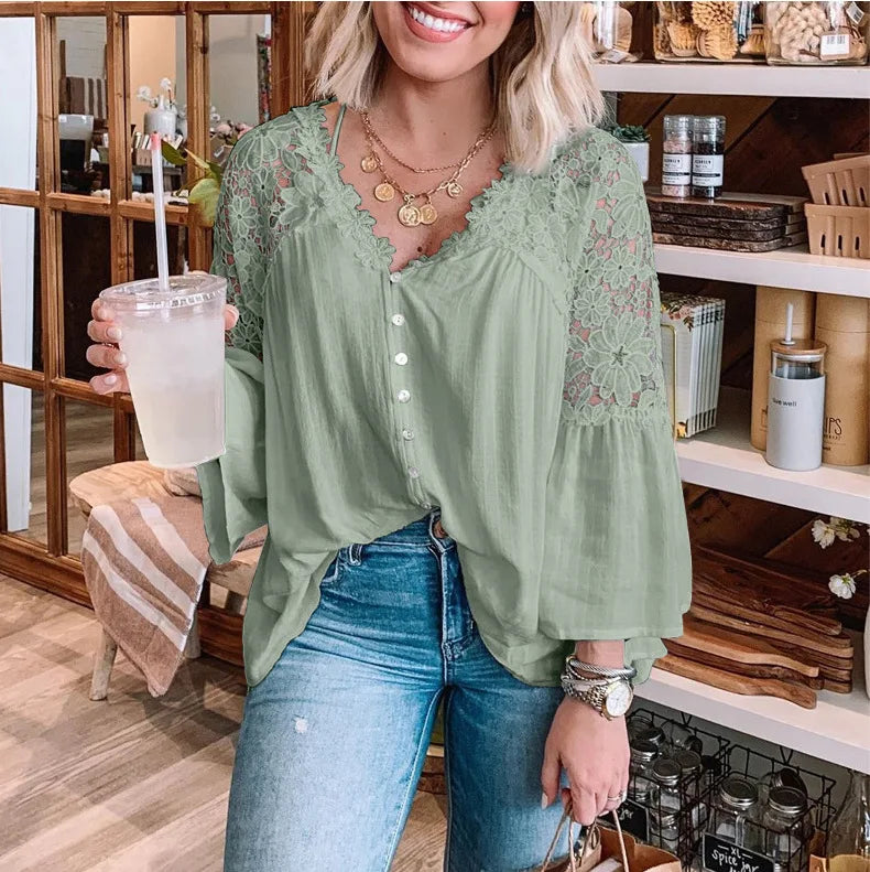 Shirts Women Casual Blouse Lace Hollow Out Flare Sleeve Single Breasted Female Spring 2025 Office Lady Sexy Overshirt Tops