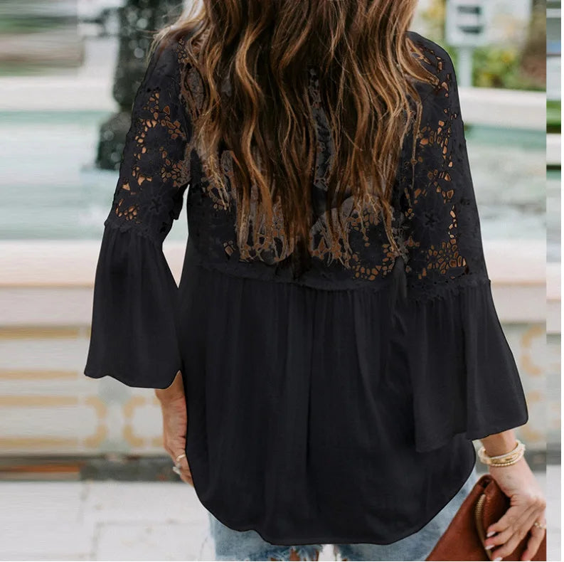 Shirts Women Casual Blouse Lace Hollow Out Flare Sleeve Single Breasted Female Spring 2025 Office Lady Sexy Overshirt Tops