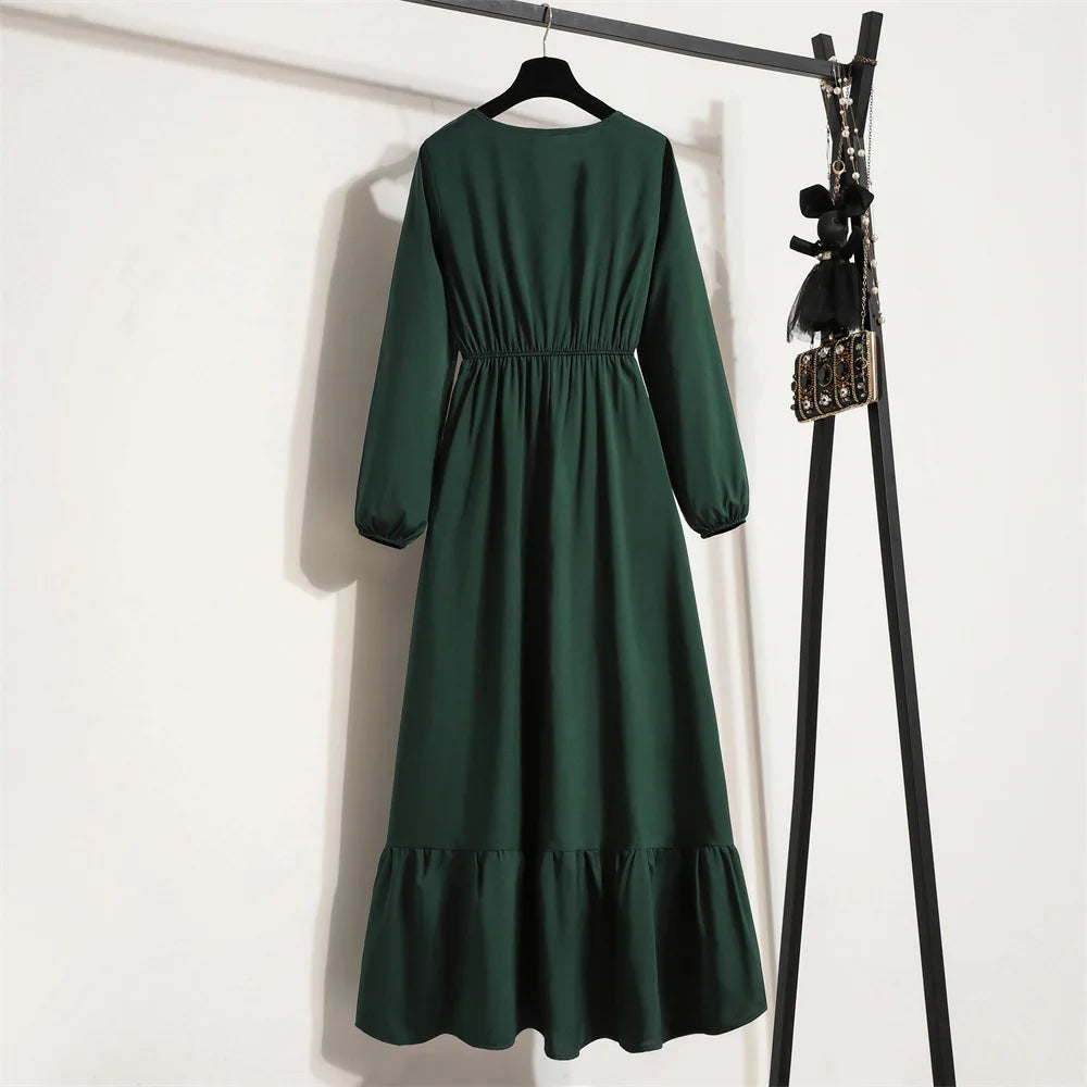 Women Eid Muslim Abaya Dubai Ruffles Spliced Arab Puff Sleeve Morocco Tight Waist Vestidos Solid Color Dress Casual Slim Fit