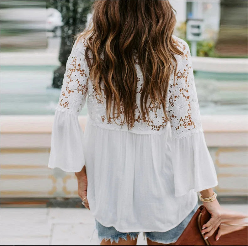 Shirts Women Casual Blouse Lace Hollow Out Flare Sleeve Single Breasted Female Spring 2025 Office Lady Sexy Overshirt Tops
