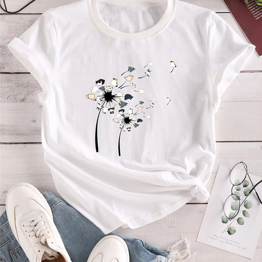 2024 New Women's Color Block T-shirt Summer Fashion Short sleeved Top Flower Print Loose Clothing Women's Party T-shirt